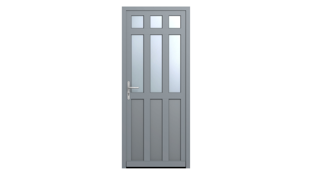 Porte d'entrée bois THIERS 2 Porte d'entrée grise avec 3 carrés vitrées et formes rectangulaires sur la porte